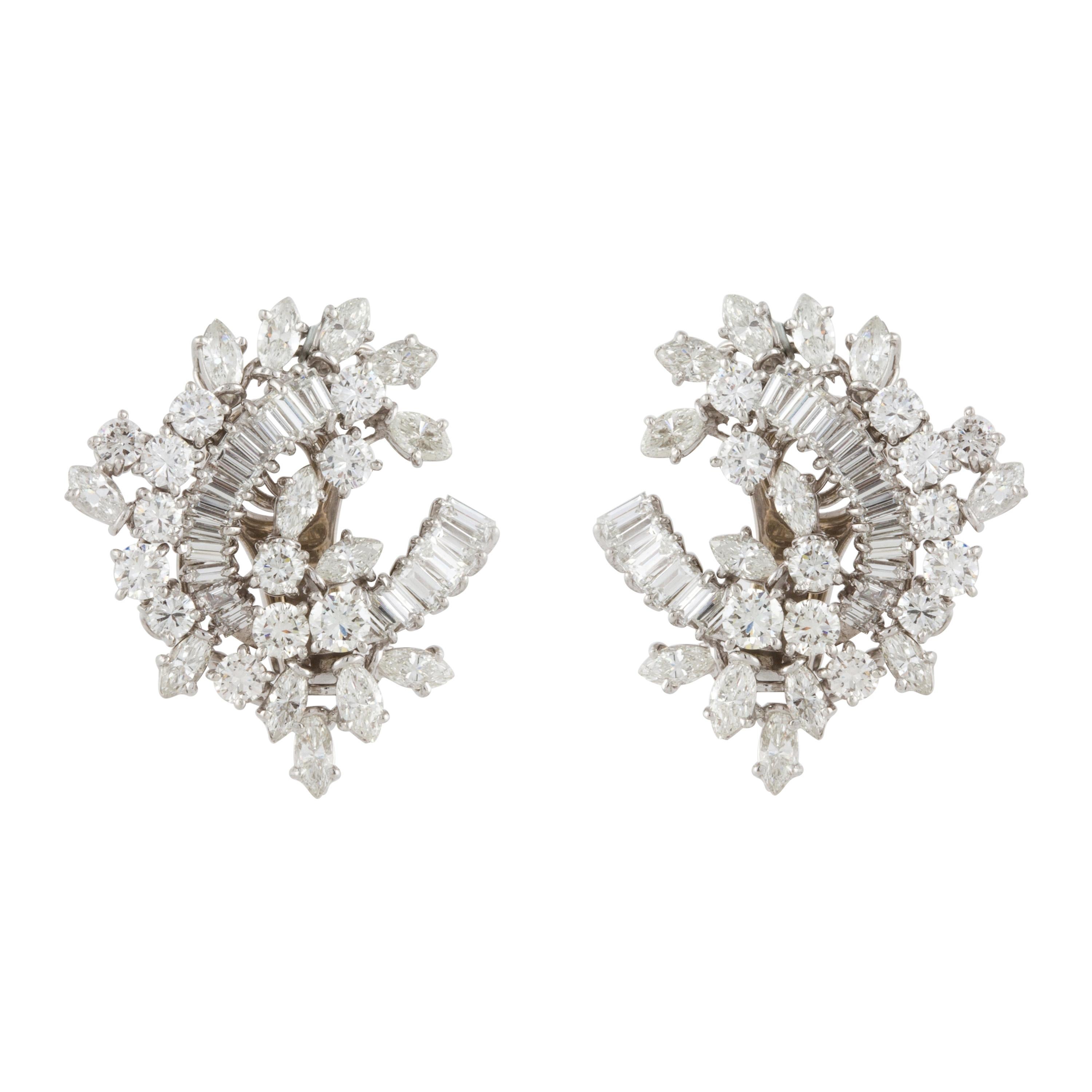 Mid-Century Platinum Diamond Cluster Earrings For Sale