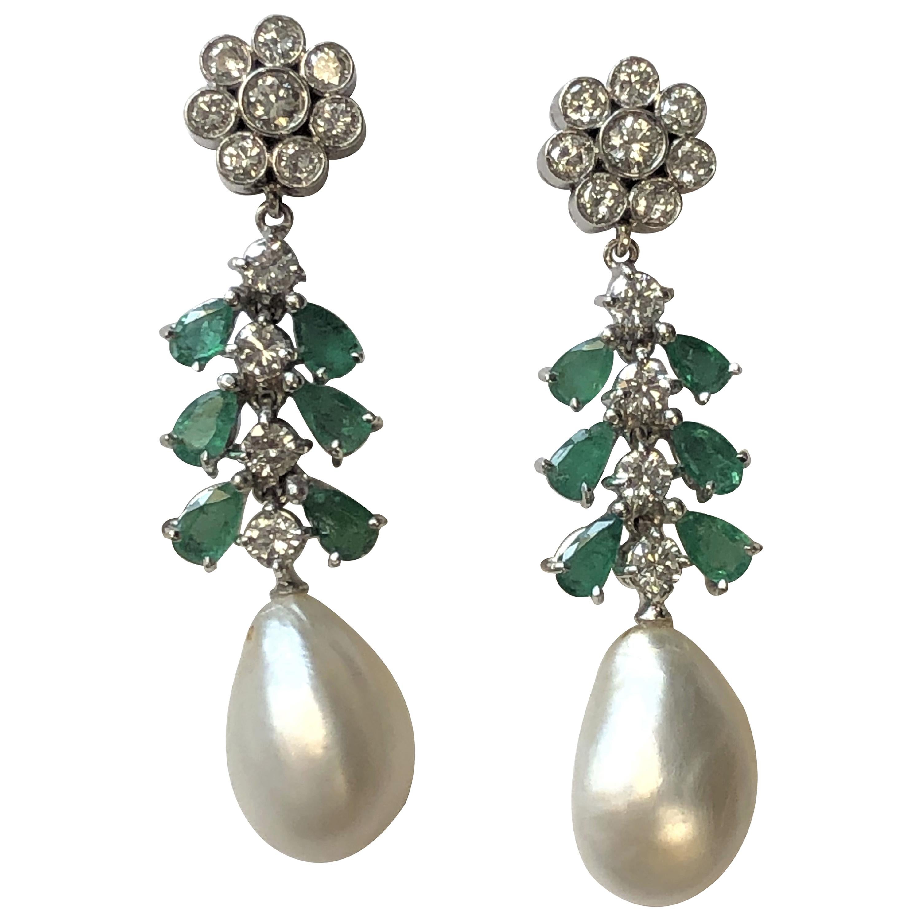 Platinum Diamond Emerald and Natural Pearl Long Dangle Earrings