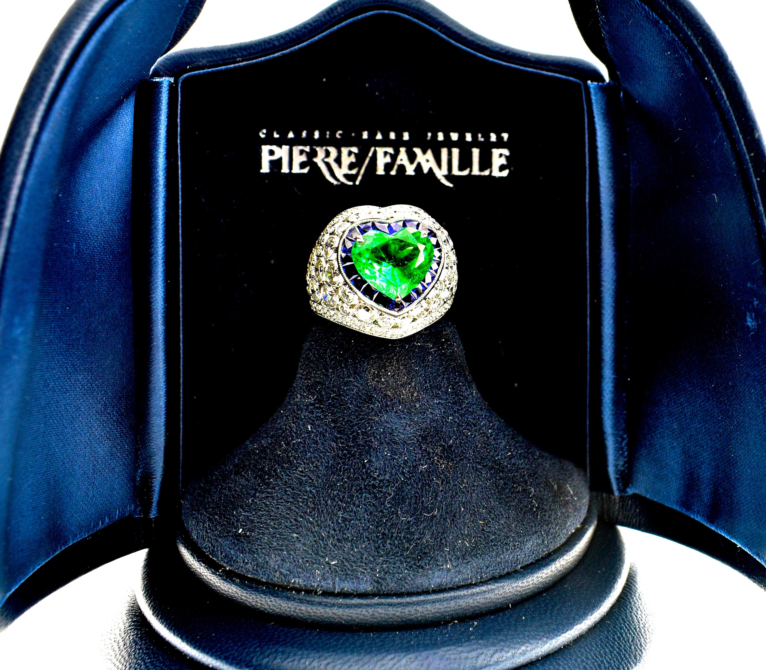 Platinum, Diamond, Emerald and Sapphire Ring In New Condition In Aspen, CO