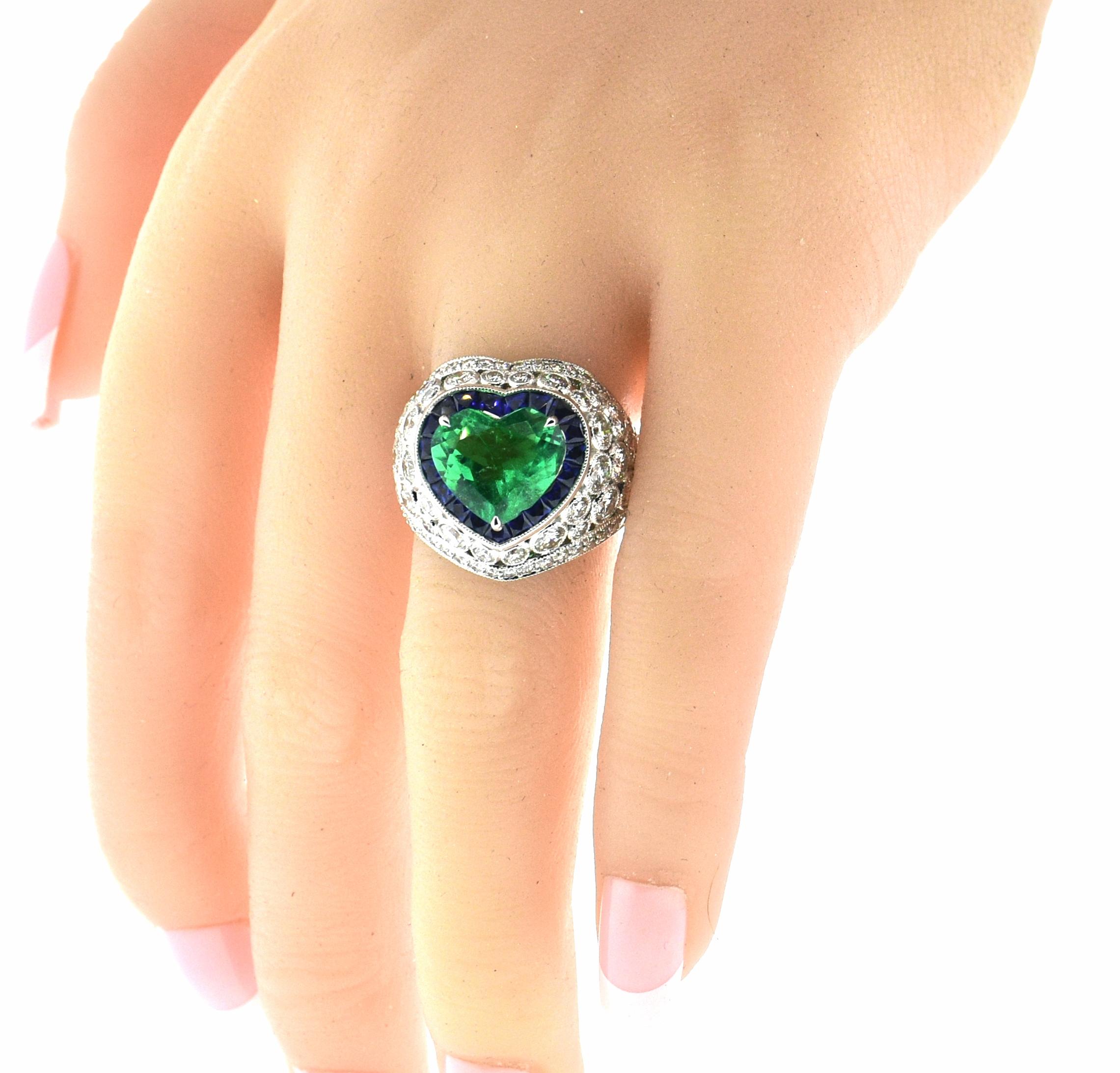 Women's or Men's Platinum, Diamond, Emerald and Sapphire Ring