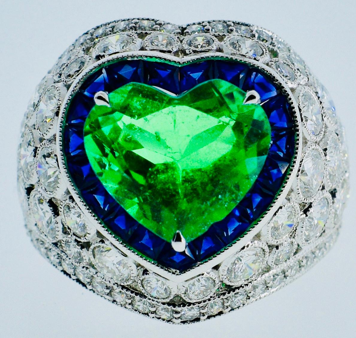 Platinum, Diamond, Emerald and Sapphire Ring 2