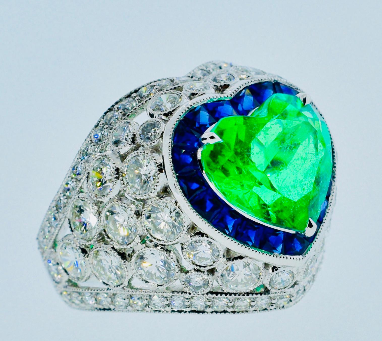 Platinum, Diamond, Emerald and Sapphire Ring 3