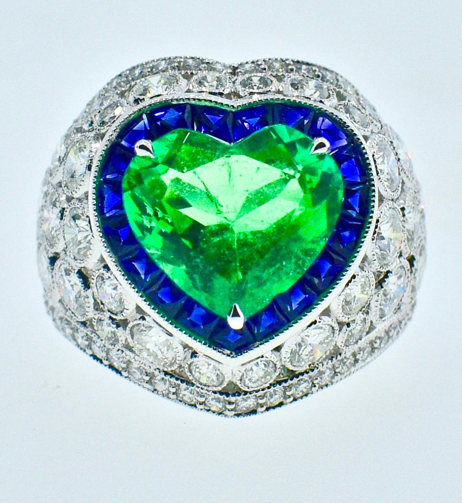 Platinum, Diamond, Emerald and Sapphire Ring 4