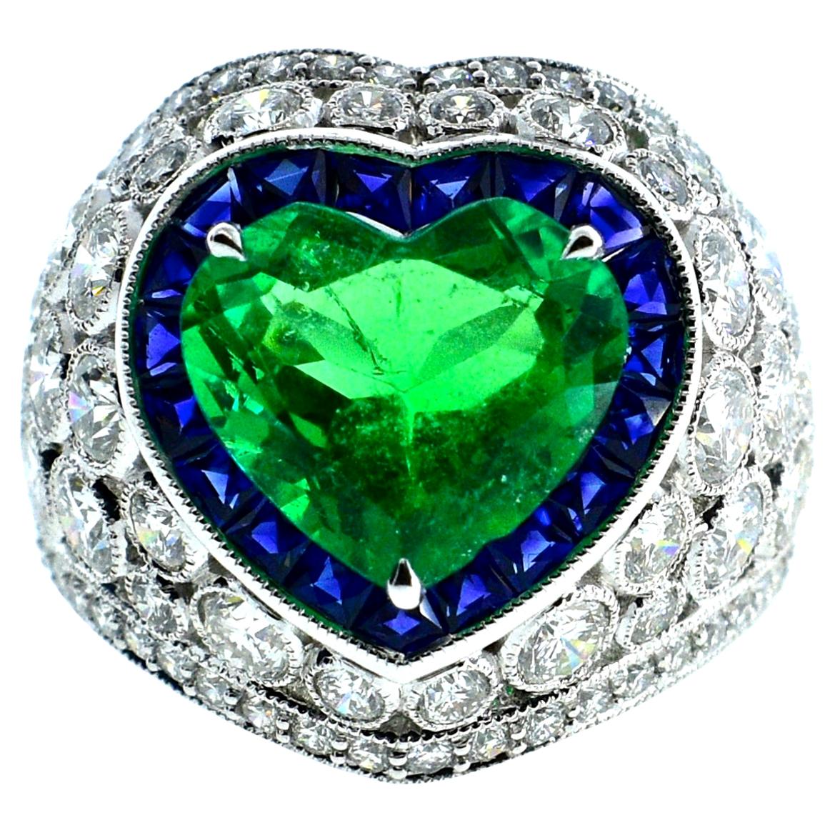 Platinum, Diamond, Emerald and Sapphire Ring