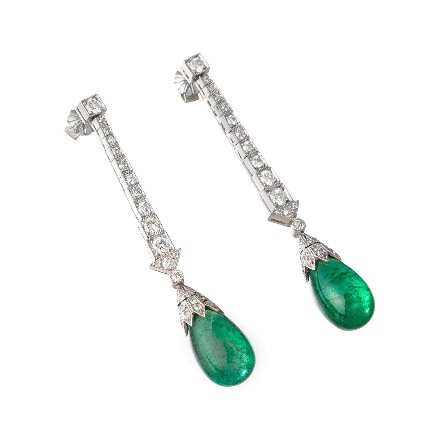 Art Deco platinum drop design earrings, featuring natural emerald beads drops, suspended from tapered diamond-set platinum 1.3