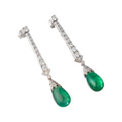 Platinum Diamond Emerald Bead Drop Earrings