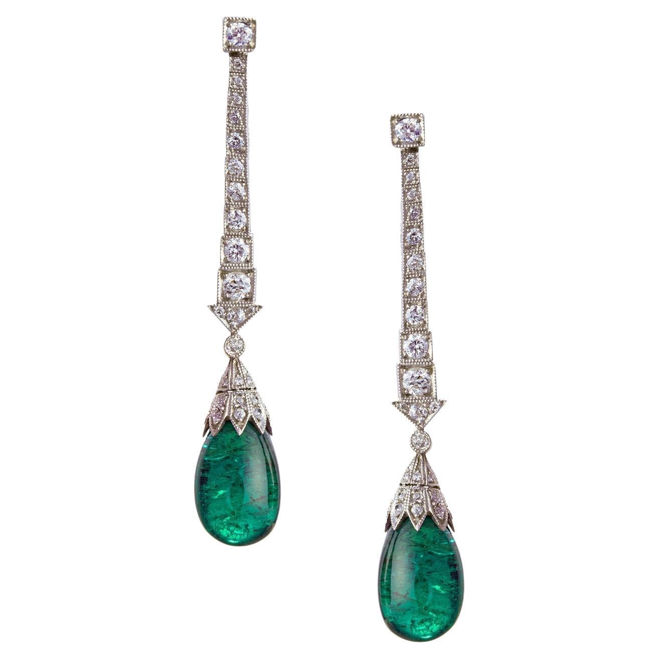 Platinum Diamond Emerald Bead Drop Earrings