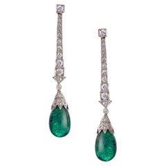 Platinum Diamond Emerald Bead Drop Earrings