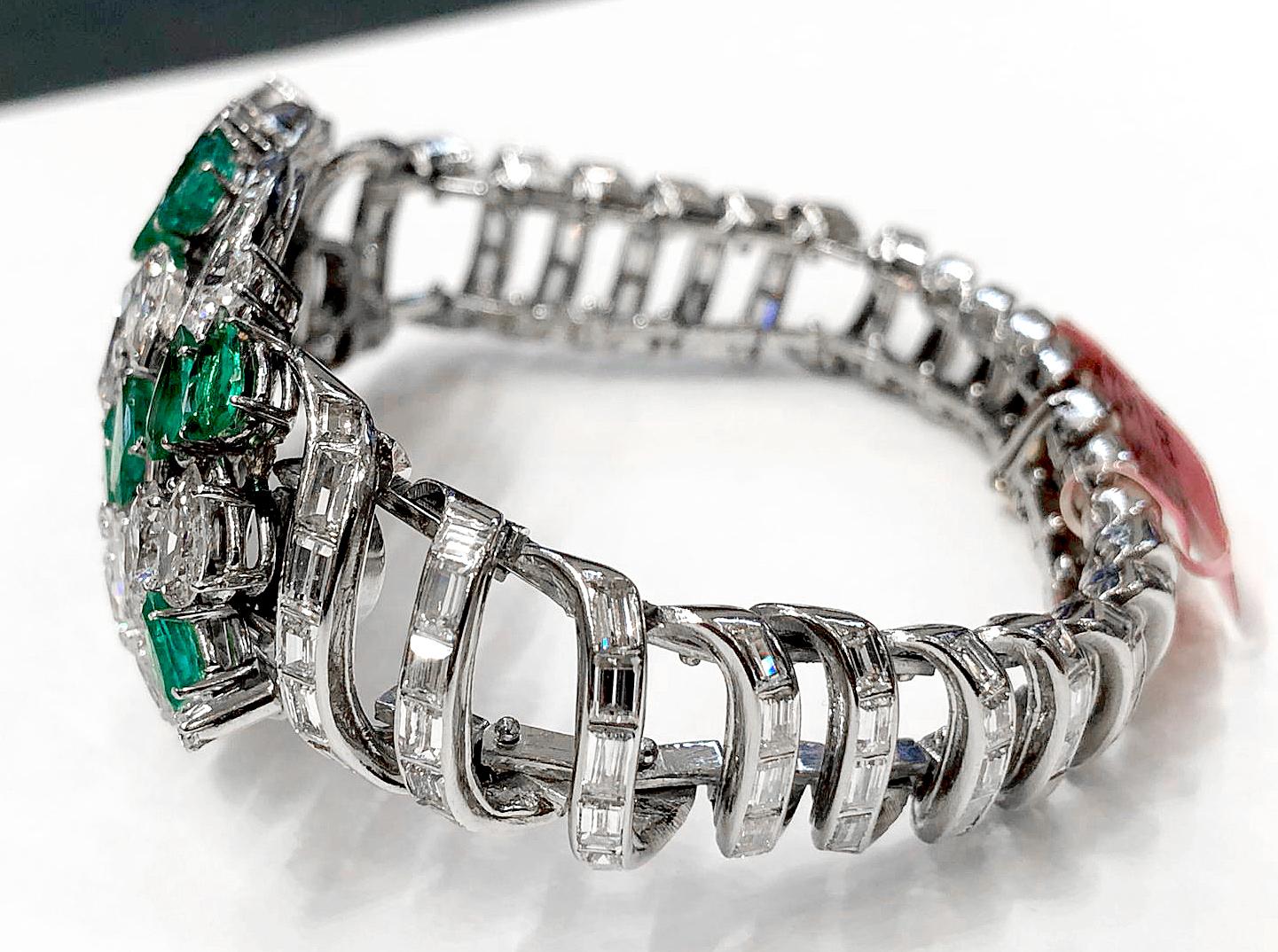 Mixed Cut Platinum Diamond, Emerald Bracelet For Sale