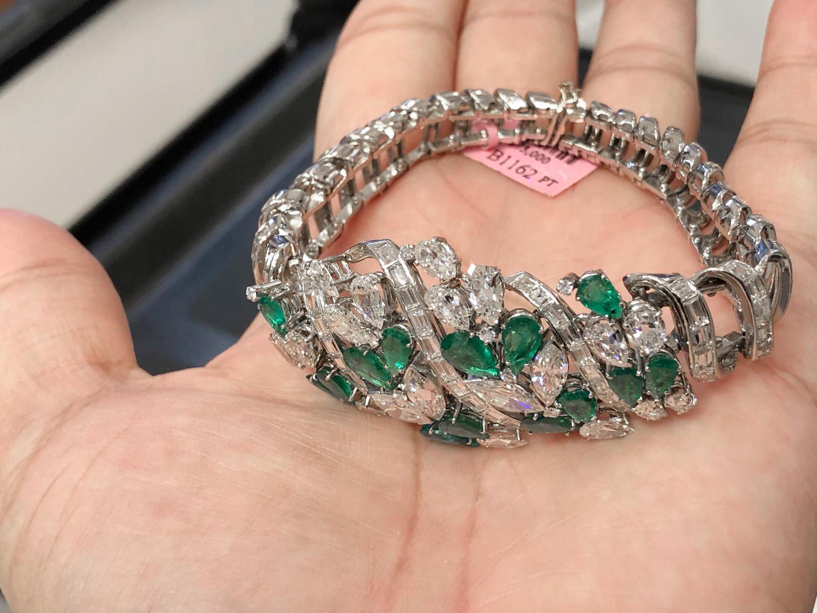 Women's or Men's Platinum Diamond, Emerald Bracelet For Sale