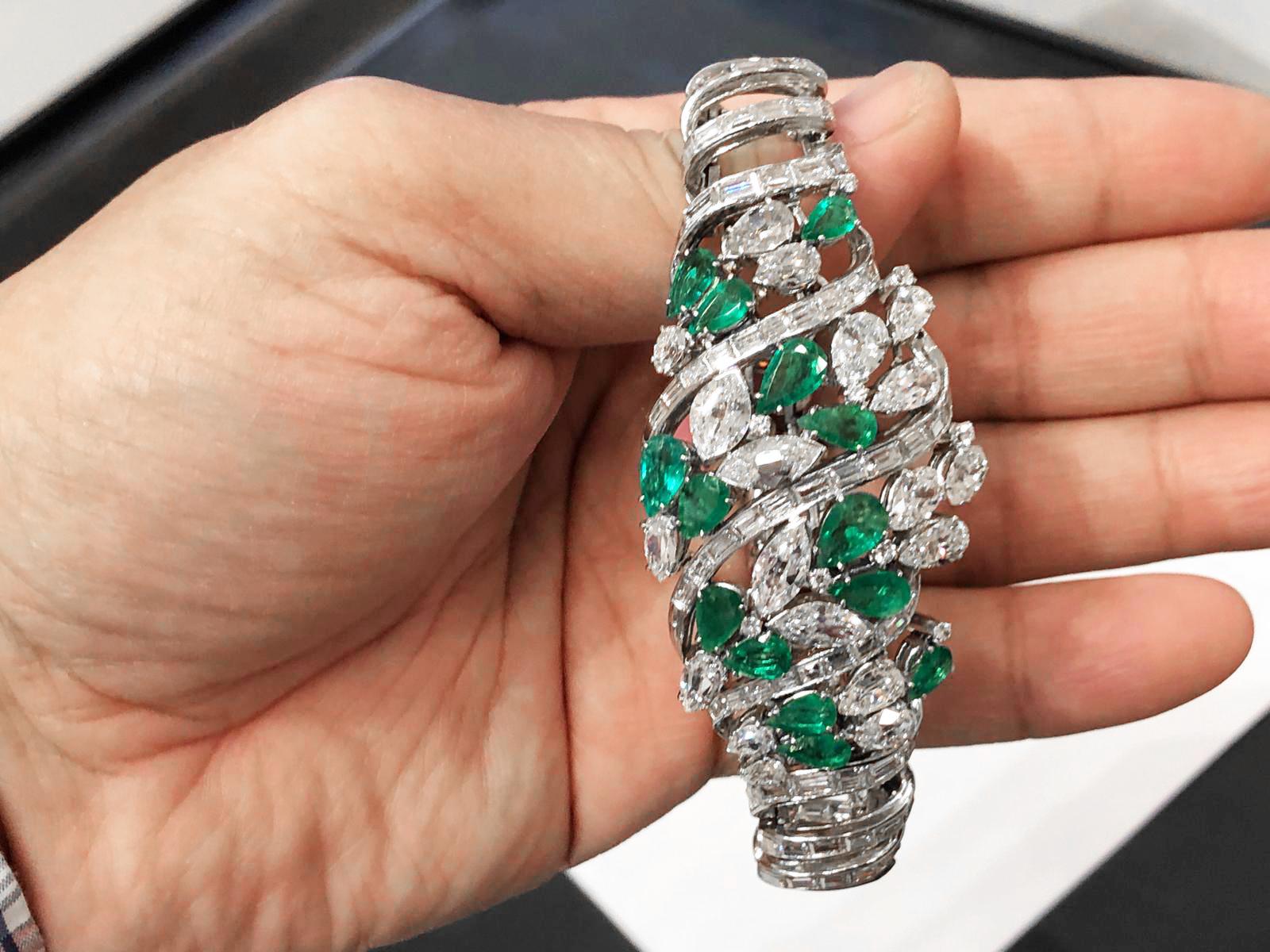 Platinum Diamond, Emerald Bracelet For Sale 1