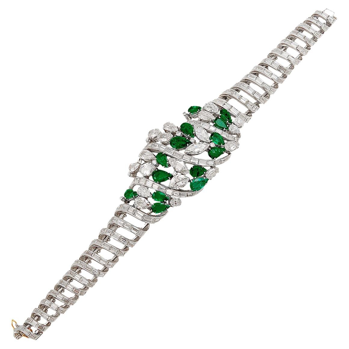 Platinum Diamond, Emerald Bracelet For Sale