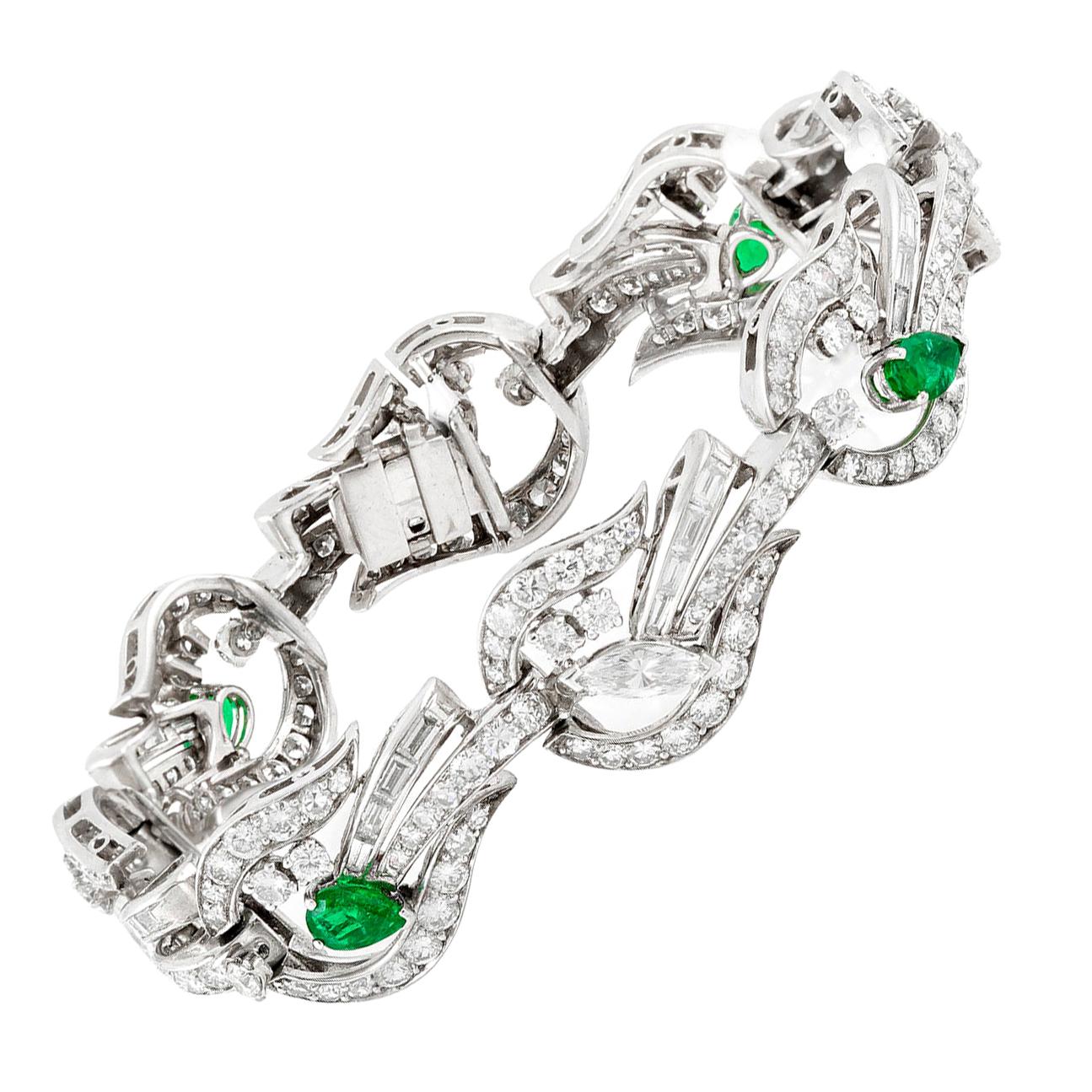 Platinum Diamond Emerald Bracelet For Sale