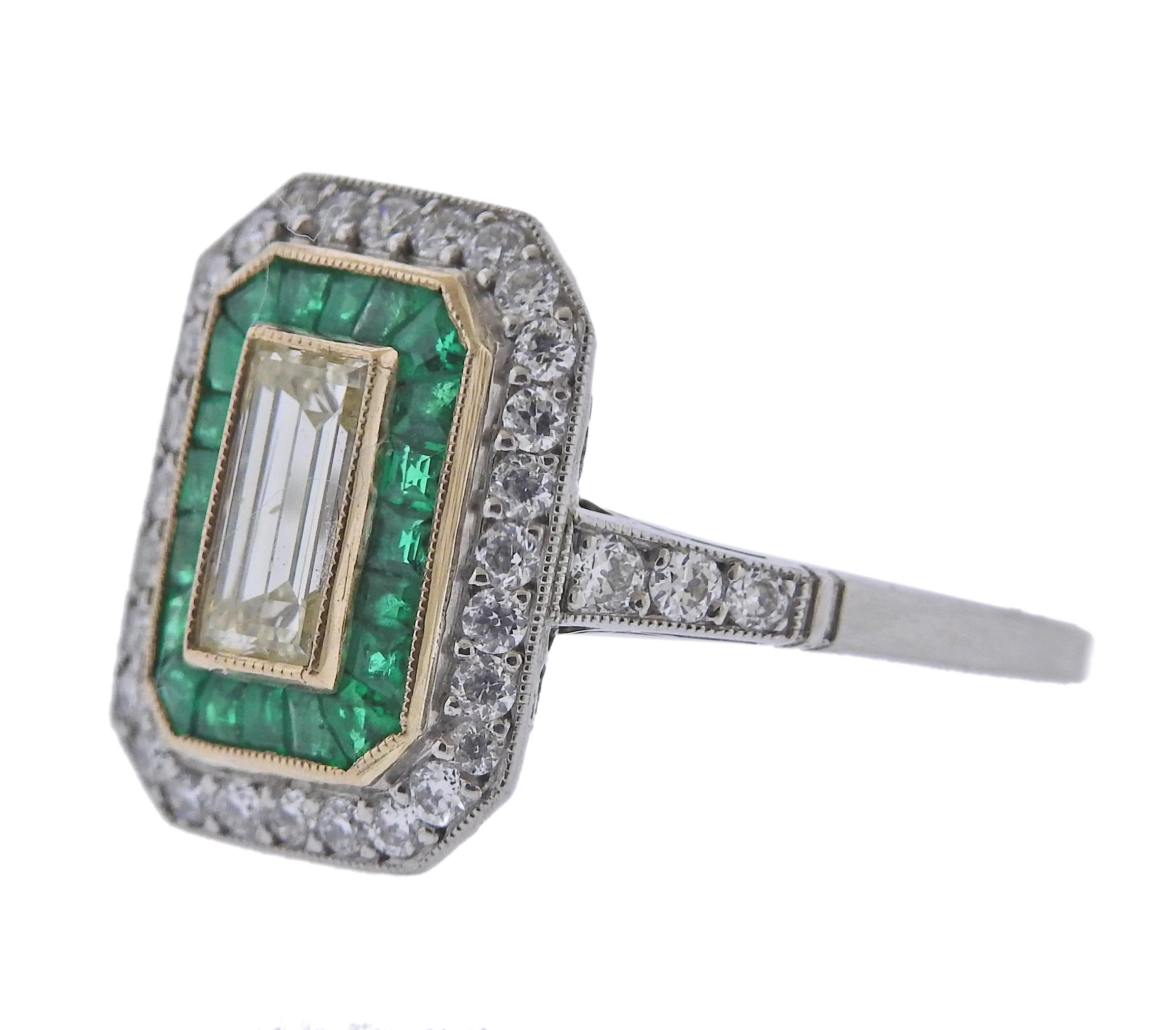 Emerald Cut Platinum Diamond Emerald Engagement Ring For Sale