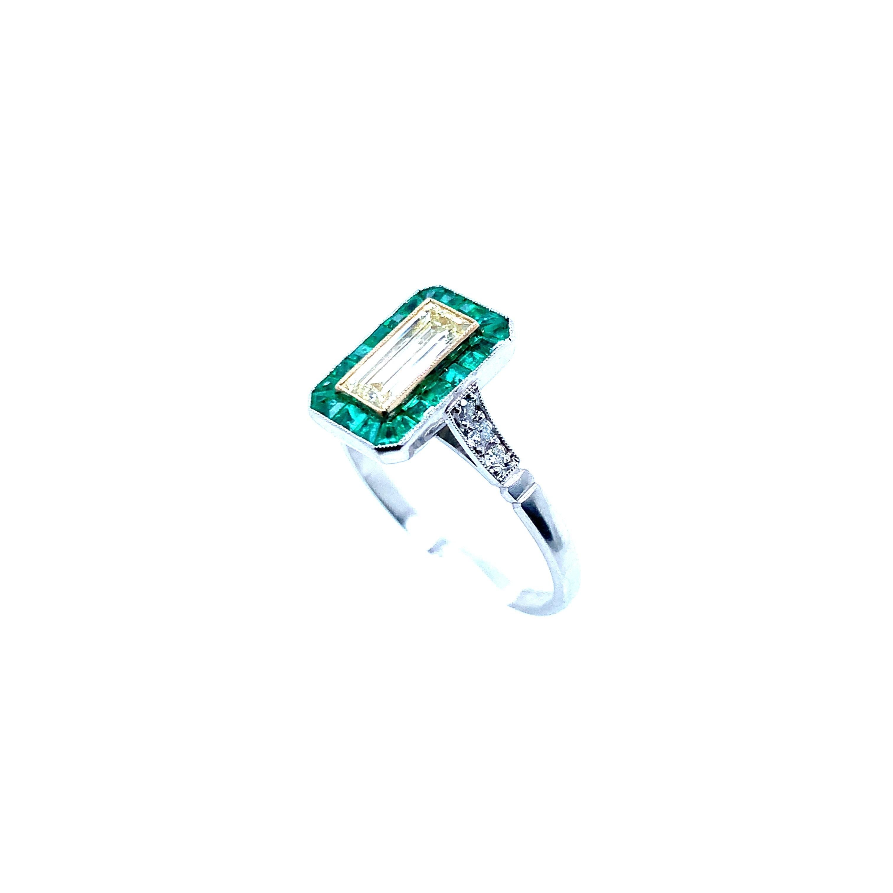 Art Deco Platinum Diamond Emerald Ring For Sale