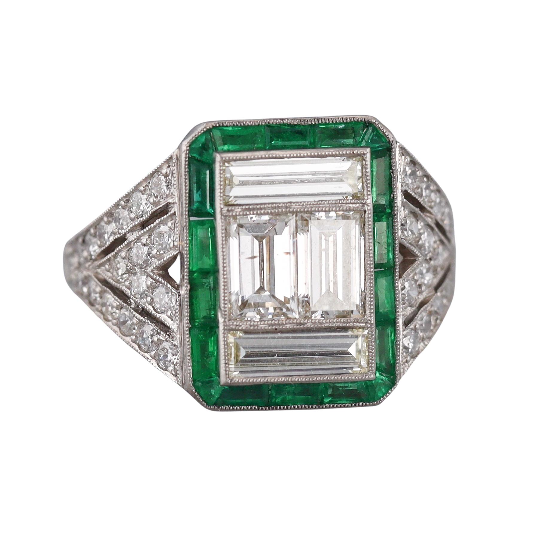 Art Deco Platinum Diamond Emerald Ring For Sale