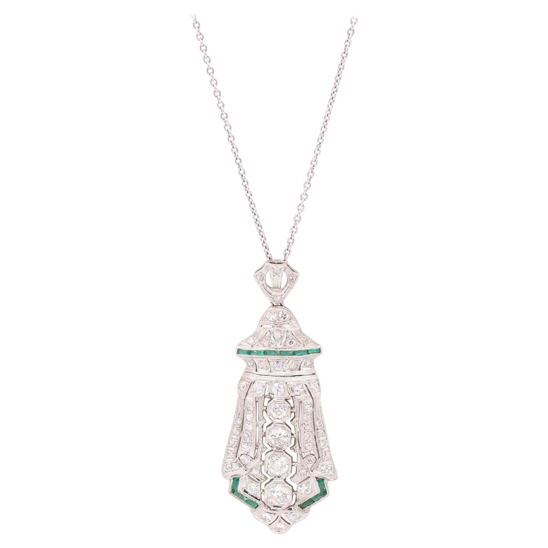 Platinum Diamond & Emerald Shield Shaped Pendant For Sale