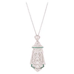 Platinum Diamond & Emerald Shield Shaped Pendant