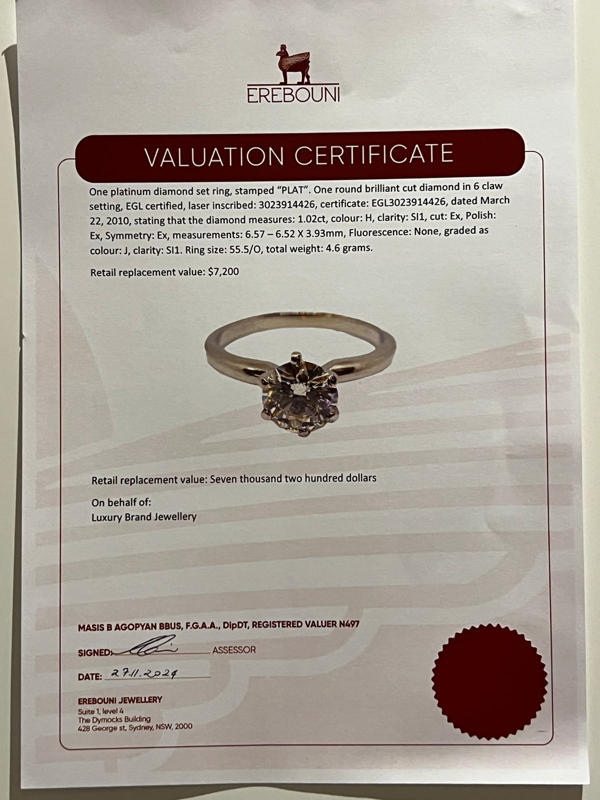 Platinum Diamond Engagement Ring 1.02ct For Sale 1