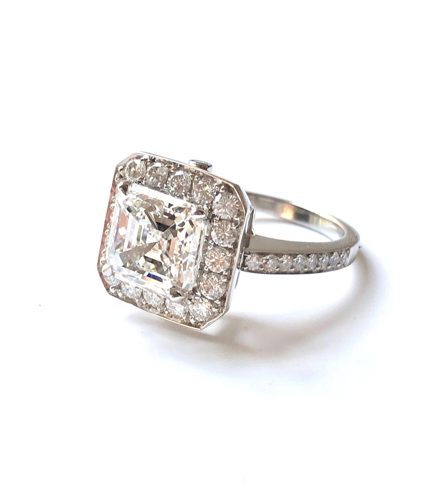 Contemporary Platinum Diamond Engagement Ring, 3.01 Asscher Cut Diamond FVS1, GIA For Sale