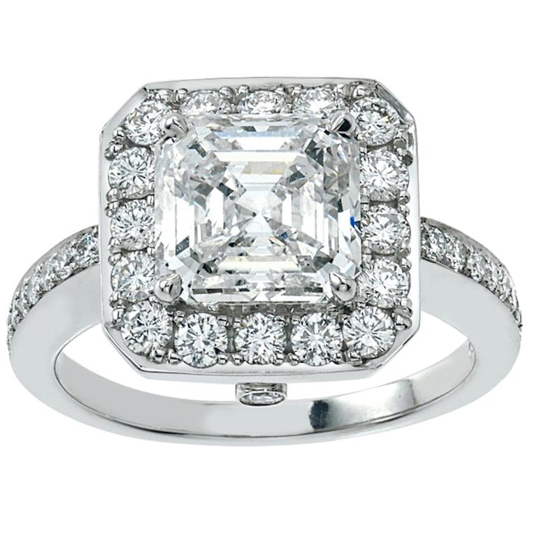 Platinum Diamond Engagement Ring, 3.01 Asscher Cut Diamond FVS1, GIA For Sale