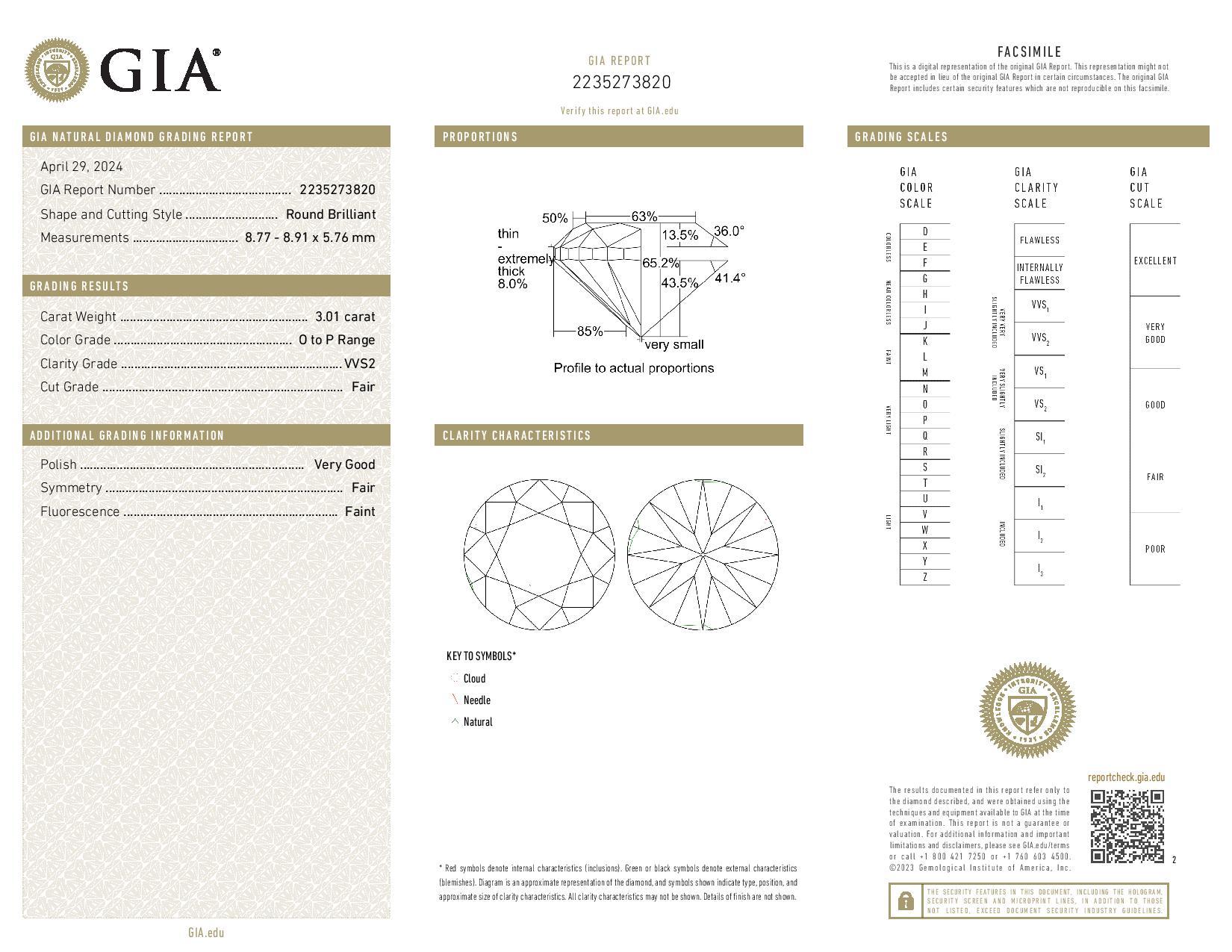 Platin Diamant Verlobungsring - 900 Rund Brillant 3,21ctw GIA im Angebot 1