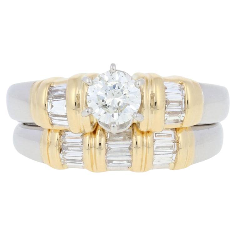 Platinum Diamond Engagement Ring & Wedding Band 900 & Yellow Gold 18k Rnd .80ctw For Sale