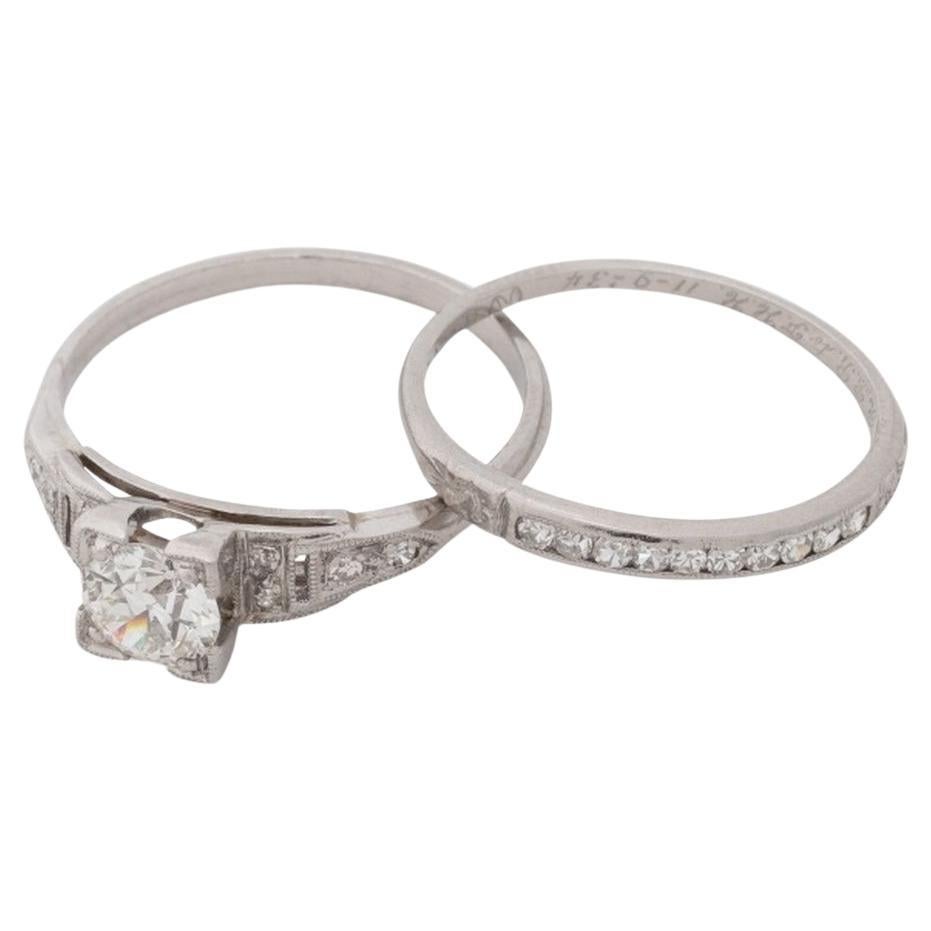 Platinum Diamond Engagement Ring & Wedding Band, 0.70ct, 20th Century