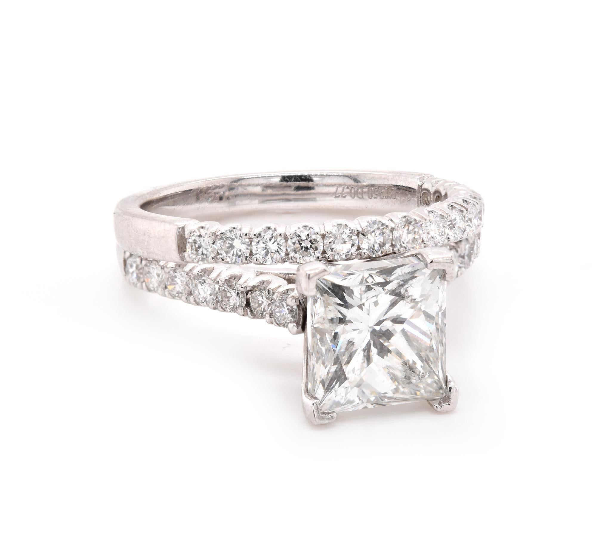 Material: platinum
Diamond: 3.04ct princess cut
Color: J
Clarity: SI1
Diamond: 29 round brillinat cut = .77cttw
Color: G
Clarity: VS
Ring Size: 7 (please allow up to 2 additional business days for sizing requests)
Dimensions: set measures 4.5mm