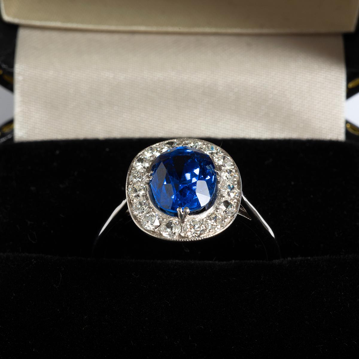 Platinum Diamond (est 0.55ct) and Sapphire (est 3.00ct) Cluster Ring...1890.. In Excellent Condition For Sale In Canterbury, GB