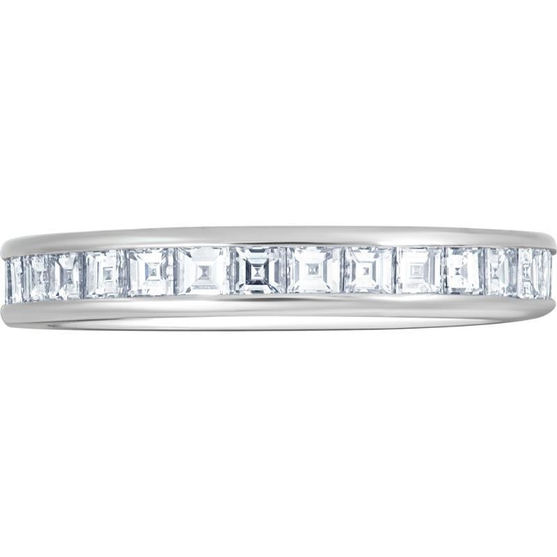 Platinum diamond eternity band with approximately 1.89 carats in carre cut diamonds (F-G Color, VS Clarity). Channel set. Size 7.