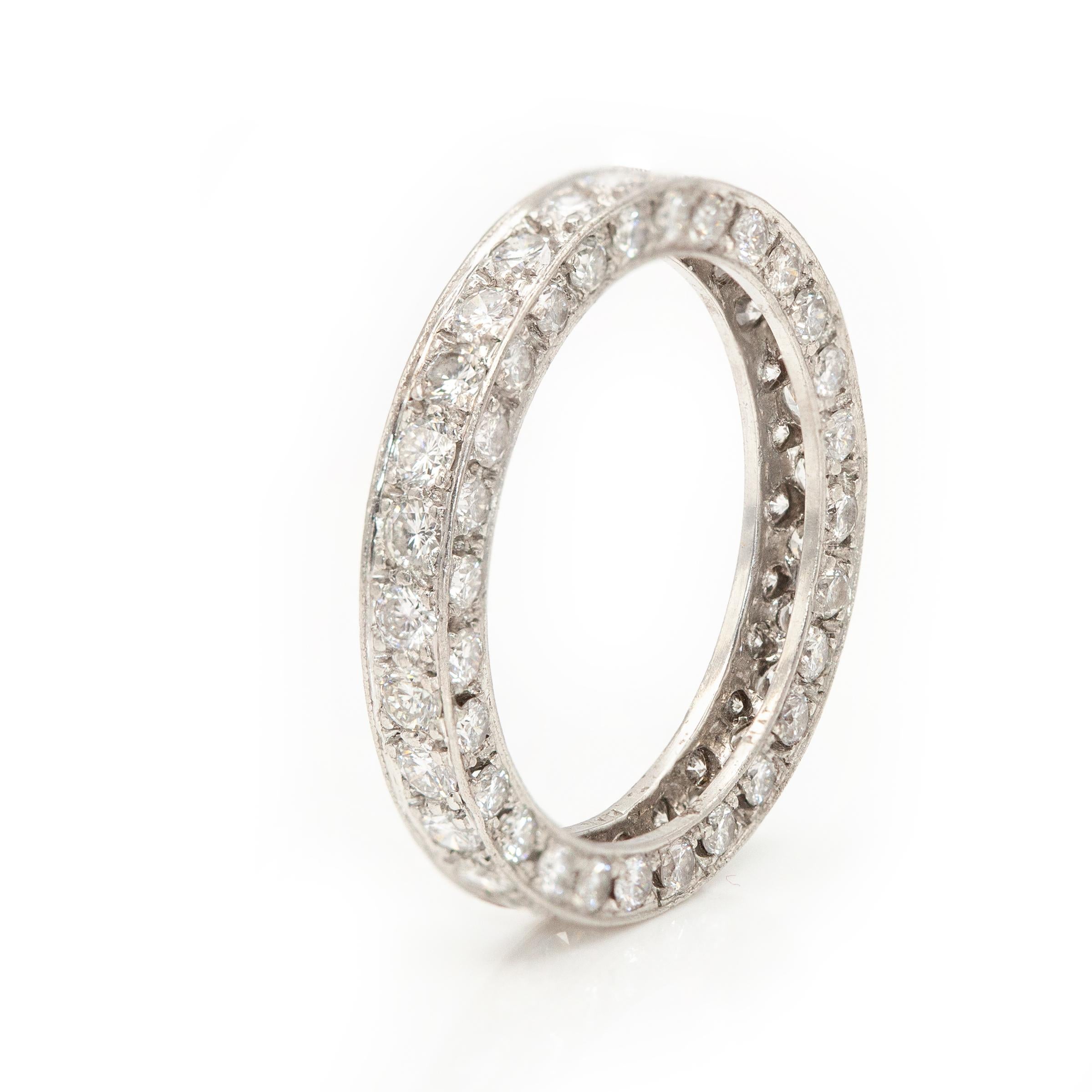 Stunning platinum diamond 3-side eternity band set with 84 brilliant cut diamonds approximate 2.80 carats in G-H color VS-SI clarity 

Ring Size: US 6

Approximate Weight: 3.1 grams

Approximate Measurements:
Band Width - 3.0mm
Band Depth -