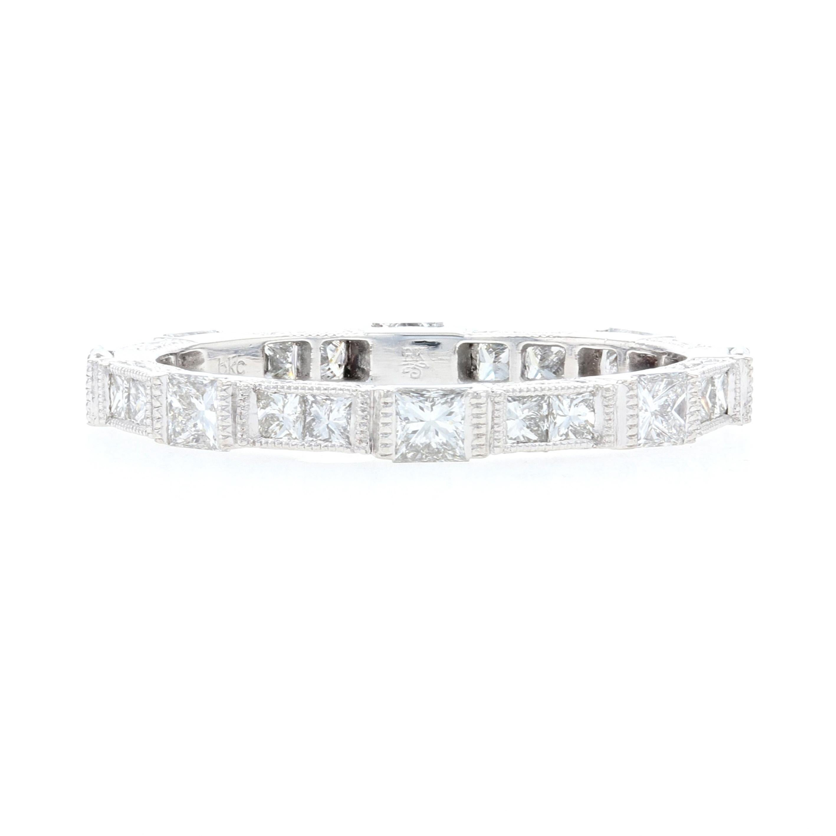 Size: 6 1/2

Brand: Beverly K.

Metal Content: 900 Platinum

Stone Information: 
Natural Diamonds  
Clarity: VS1 - VS2
Color: F - G 
Cut: Princess
Total Carats: 1.25ctw 

Style: Stackable Eternity Band
Face Height (north to south): 1/8