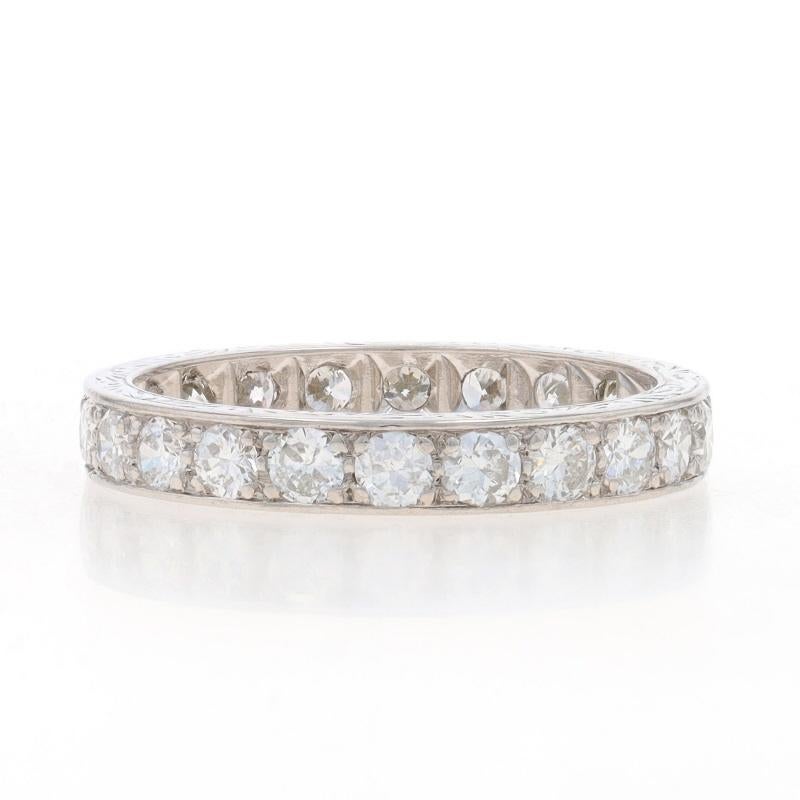 Size: 6

Metal Content: Platinum

Stone Information
Natural Diamonds
Carat(s): 1.54ctw
Cut: Transitional Round Brilliant
Color: F - G
Clarity: SI1 - SI2

Total Carats: 1.54ctw

Style: Eternity Wedding Band with Diamonds
Features: Etched
