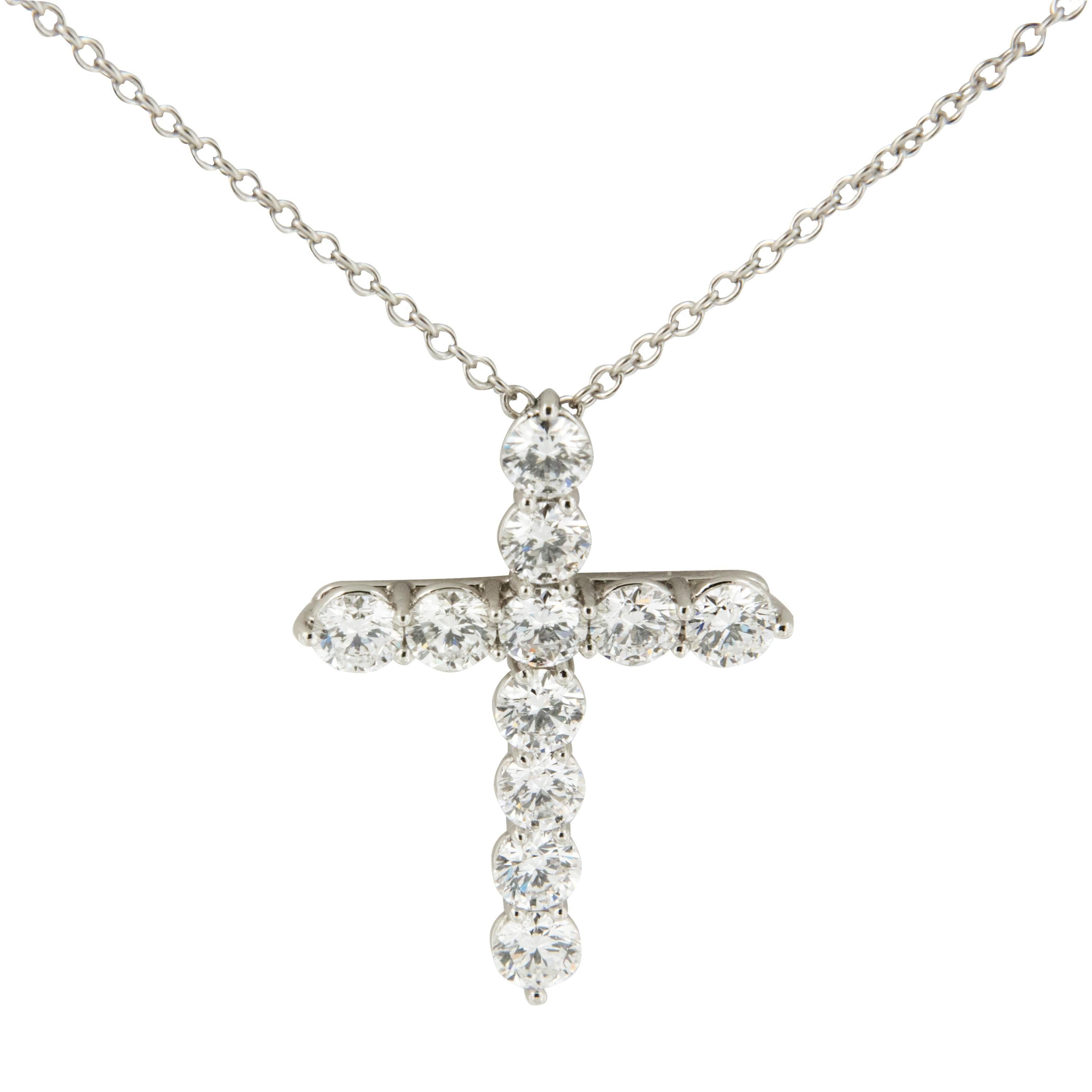 Round Cut Platinum and Diamond F/G VS Hand Fabricated Cross Necklace