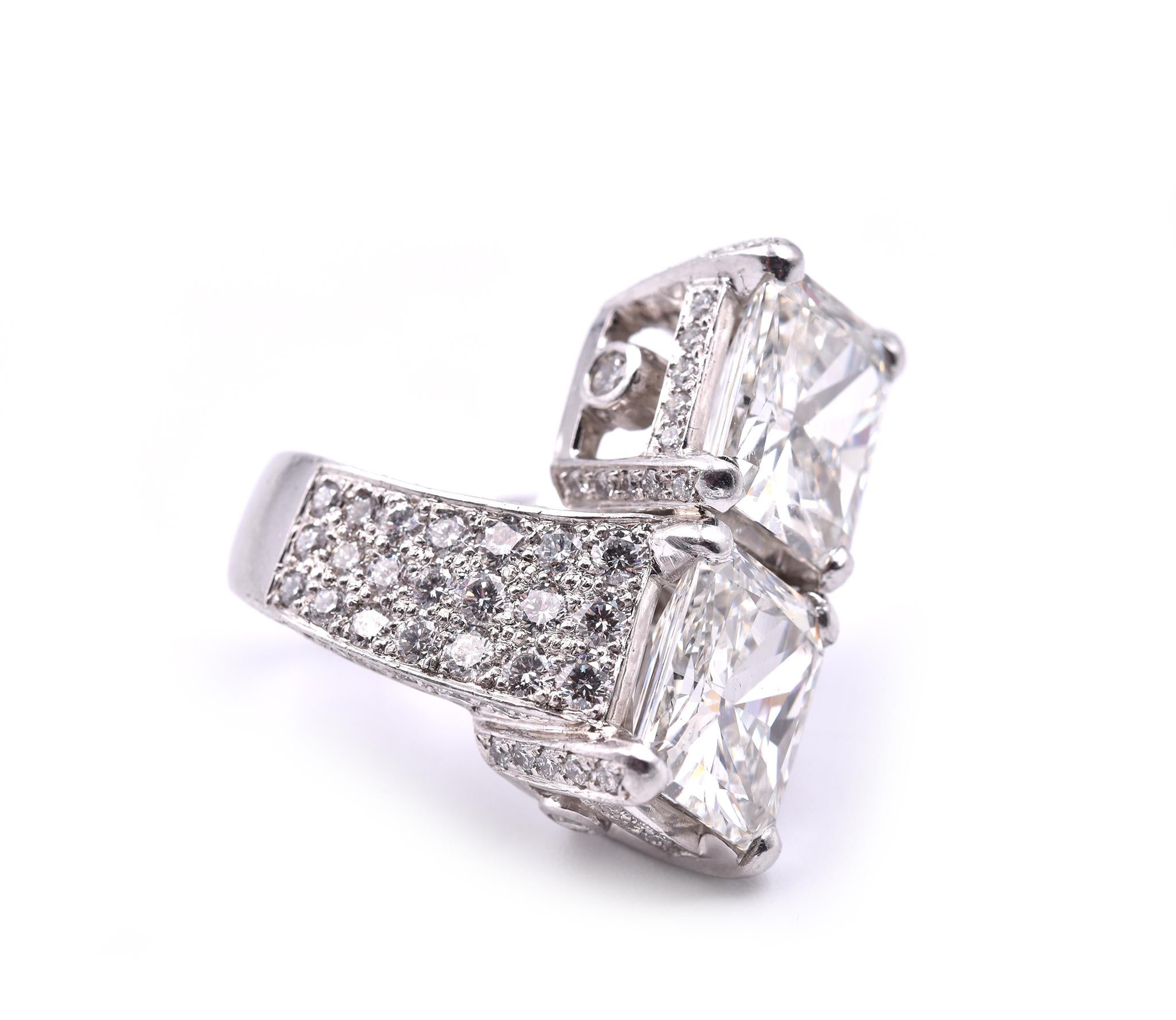 Radiant Cut Platinum Diamond Emerald Cut Dual Center Stone Ring  For Sale