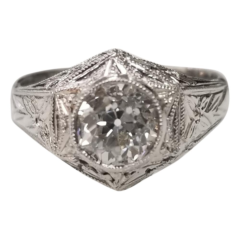 Platinum Diamond "Filigree Retro" Ring with EGL Certified Old European Cut 1.09