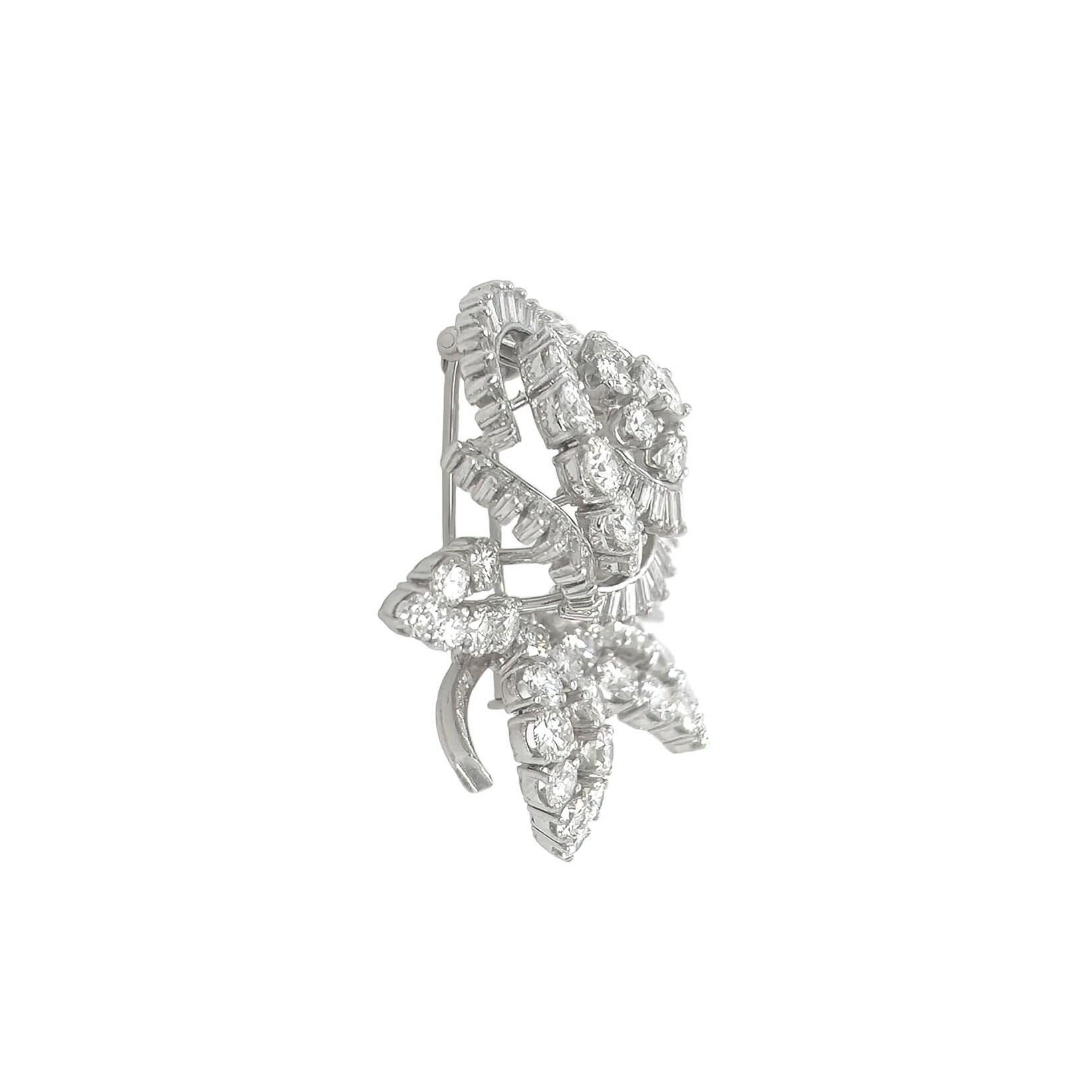 Round Cut Platinum Diamond Floral Brooch For Sale