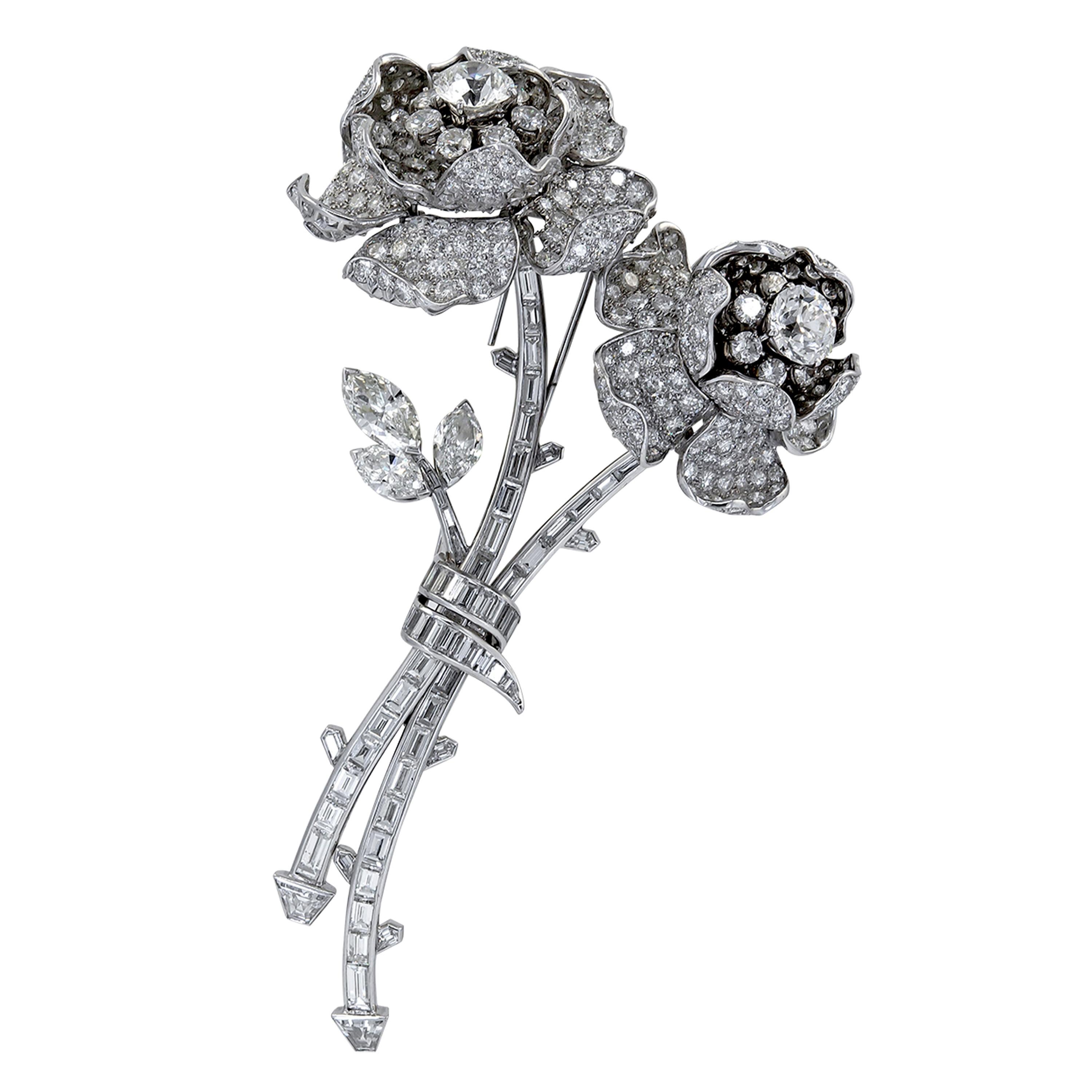 Platinum Diamond Flower Brooch, circa 1950 For Sale