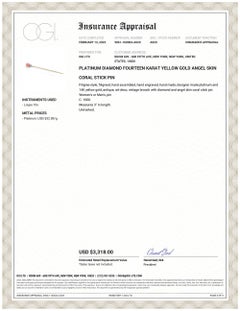 Art Deco Platinum Diamond Fourteen Karat Yellow Gold Angel Skin Coral Stick Pin