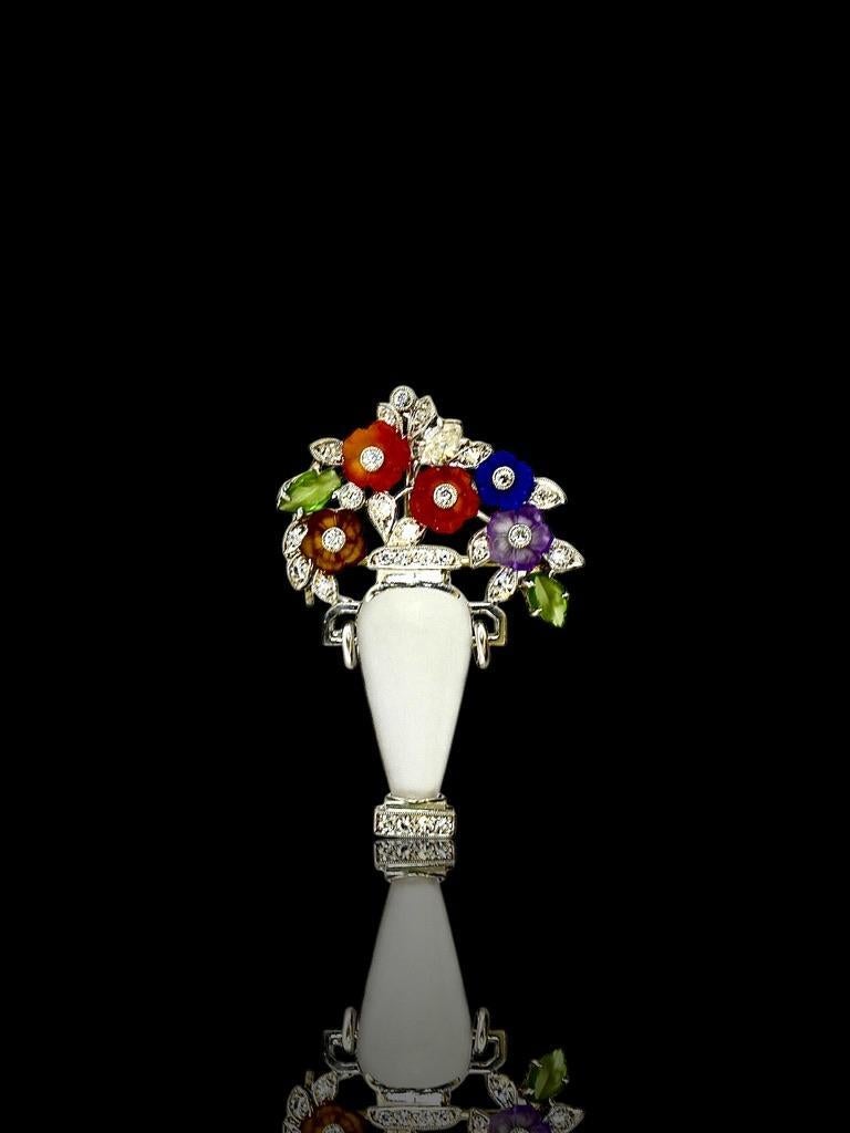 Art Deco Platinum, Diamond, Frosted Rock Crystal  & Carved Flower Vase Pin For Sale