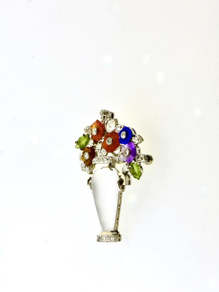 Brilliant Cut Platinum, Diamond, Frosted Rock Crystal  & Carved Flower Vase Pin For Sale