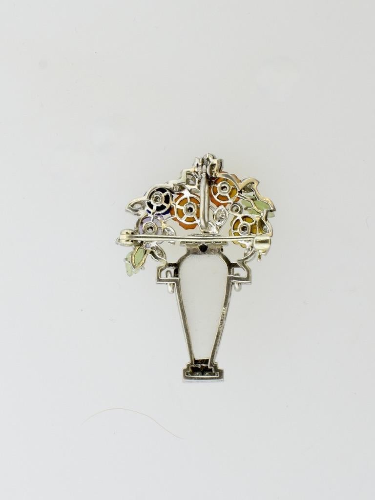 Women's or Men's Platinum, Diamond, Frosted Rock Crystal  & Carved Flower Vase Pin For Sale
