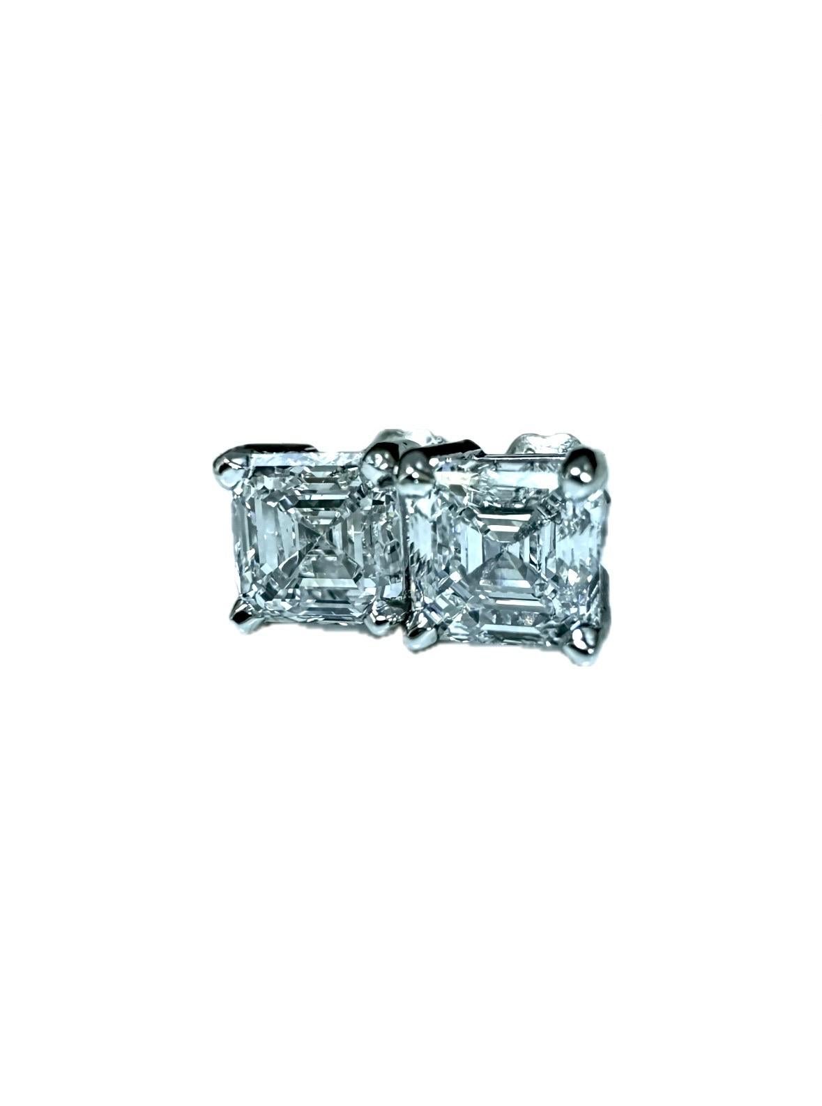 Women's or Men's Platinum Diamond GIA Certified 2.17 Carat E & D Color Asscher Cut Stud Earrings For Sale