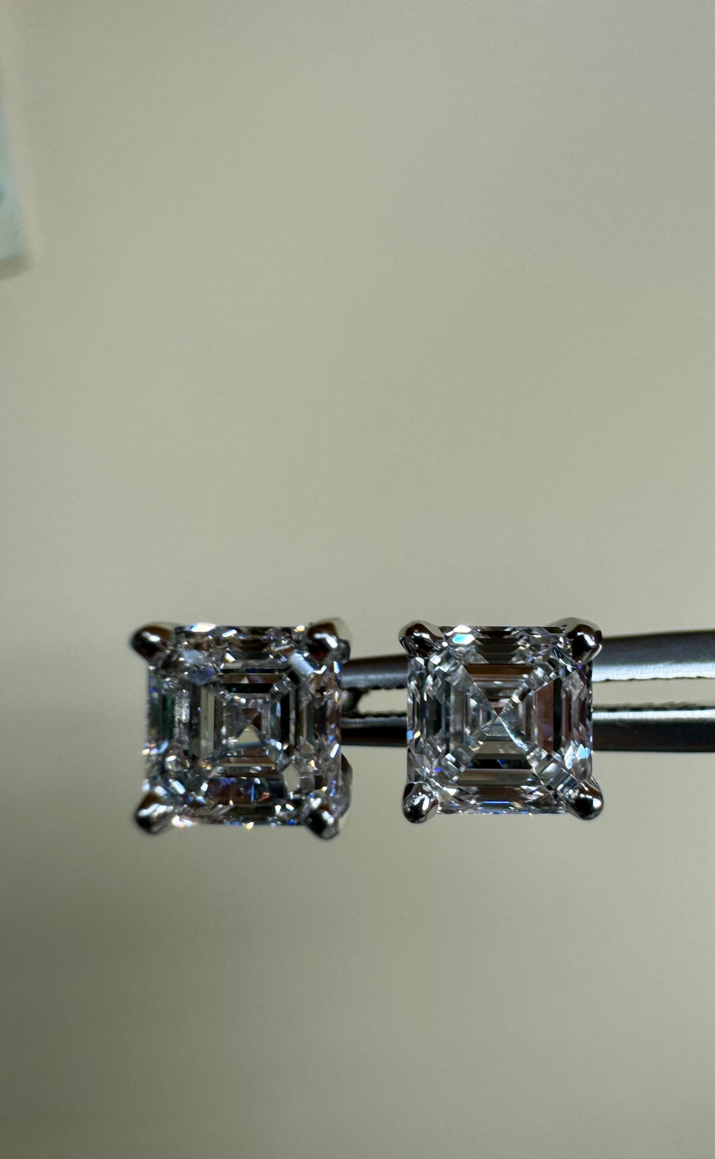 Platinum Diamond GIA Certified 2.17 Carat E & D Color Asscher Cut Stud Earrings For Sale 3
