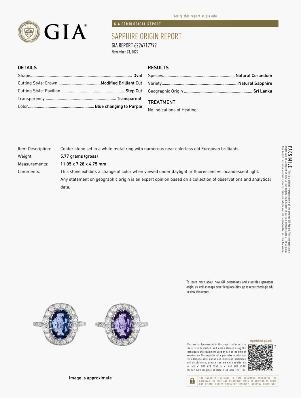 Bague de fianailles en platine avec saphir de couleur changeante de 3,88 carats certifi par le GIA en vente 5