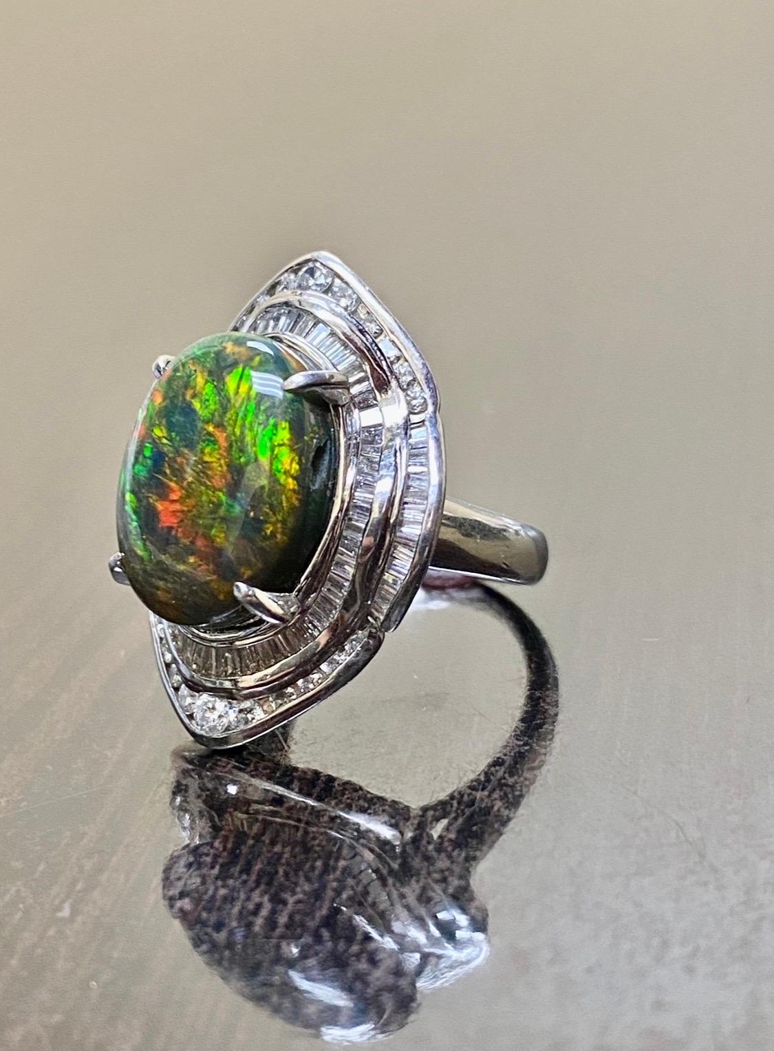Art Deco Platinum Diamond GIA Certified 8.70 Carat Rare Australian Black Opal Ring For Sale