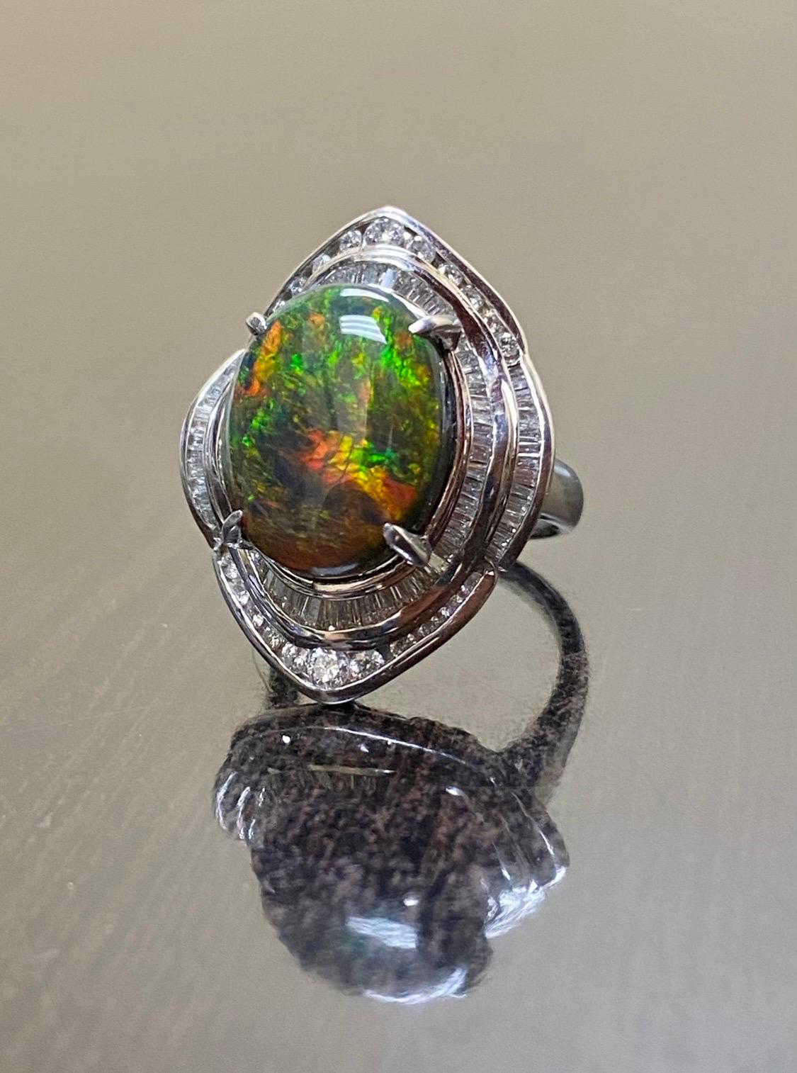 Oval Cut Platinum Diamond GIA Certified 8.70 Carat Rare Australian Black Opal Ring For Sale