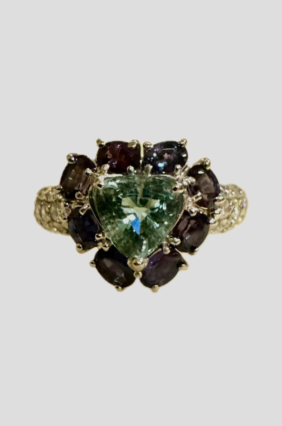 Trillion Cut Platinum Diamond GIA Certified Brazilian Alexandrite Paraiba Tourmaline Ring For Sale