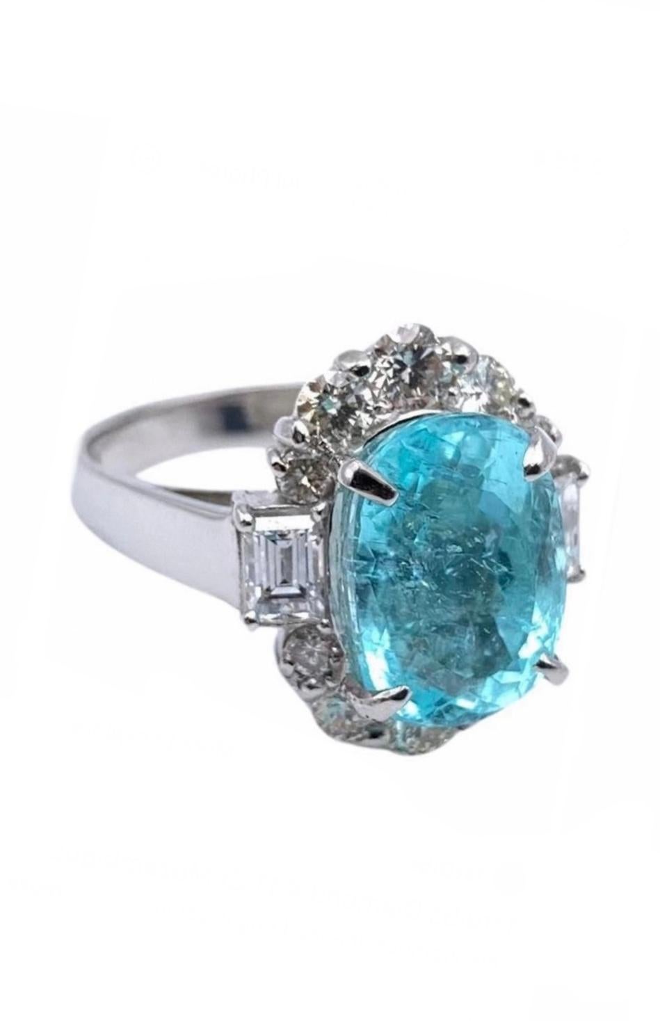 Art Deco Platinum Diamond GIA Oval 4.11 Carat Paraiba Tourmaline Engagement Ring For Sale